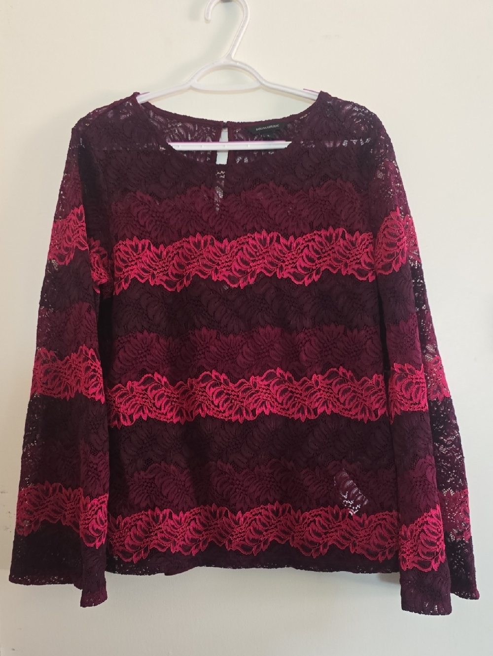 Banana Republic Burgundy Lace Long-Sleeve Top with Fuchsia Lace Stripes
